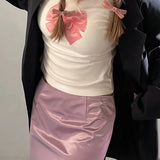 Girls Bow Tie Printed Round Collar Long-Sleeved T-Shirt 2023 Autumn Simple Short Knitted Shirt Girl-Outfit