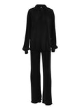 Pleated Fashion 2 Piece Women Wide Leg Trouses Suits And Drap Shirt Ladies Outfits 2yk Straight Long Pants Sets