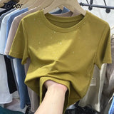 Fashion Knitted Oversized Sweater Women Summer New O-neck Solid Shine Sequined Slim Short-sleeved Elegant Female Pulls