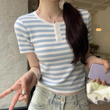 And Light High-Grade Blue Color Striped Short-Sleeved Shoulder T-Shirt Women's Summer Stretch Waist Short Style Foreign Style T-Shirt-Outfit