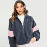 Patchwork Fleece Sweatshirts 2021 Autumn Winter Warm Hoodies For Women Casual Long Sleeve Zipper Teddy Hoodie Loose