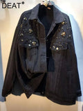 Women's Denim Coat Wash Black Beading Flowers Diamonds Patchwork Loose Long Sleeve Jackets 2024 Summer New Fashion 29L3587-Outfit