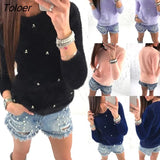 Winter Sweater Women Fashion Faux Pearl Beading Solid Color Sweaters Plush Long Sleeve Pullover Warm Sweater pull