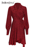 Vintage Solid Dress For Women V Neck Long Sleeve High Waist Fold Pleated Loose Dresses Female 2021 Autumn