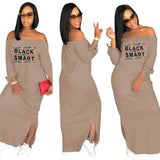 Sexy Slash Neck Ladies Solid Color Letter Printing Long Dress Home Casual Street Loose Large Size