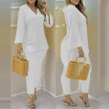 Summer Casaul Women Home Wear Solid Suit Sets Long Sleeve Plain Bell Sleeve V-Neck Top & Pants