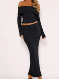 Women 2 Pieces Outfits Slash Neck Off Shoulder Long Sleeve Ribbed Knitted T-shirts Tops Long Skirts Streetwear 2023-Outfit