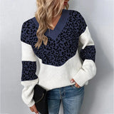New Autumn Casual Woman Oversized Sweaters Winter Long Sleeve Knitted Jumper Sweater Women V-neck Leopard Print