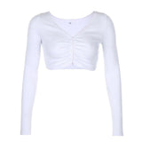 casual t-shirts solid pleated buttons v-neck harajuku cropped tops korean style autumn Sexy T-shirts Tees Clothing