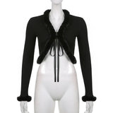 Ribbed Split Lace Up White Long Sleeve Cropped Tshirt Top Autumn Sexy Casual V Neck Tee Shirt Women