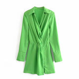 Dress Woman Za 2021 Green Short Mini Dresses Women Long Sleeve Suit Wrap Dress Fashion V Neck Button Elegant