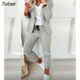 Autumn Casual Plaid Print Long Sleeve Blazer Coat & Drawstring Pants Set Two Pieces Suits Womens Elegant Ladies Tops