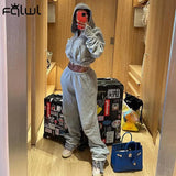Streetwear 2 Two Piece Set Tracksuit Women Outfit Long Sleeve Zipper Crop Top Baggy Pants Suits White Soprty Matching