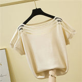 Size Summer Short Sleeve Tshirt Women Loose Korean Slim Ice Silk Solid T-shirt O Neck Chic Splicing Casual Tee Blusas
