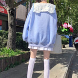 QWEEK Kawaii Hoodies Women Sailor Collar Sweatshirt Japan Style Oversized Soft Girl Navy Long Sleeve Top Funny Bear