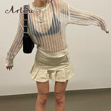 Hollow Out Knitted Pullover T-Shirts Spring Summer Fashion Womens Fairycore Vacation Clothes Long Sleeve Sweater