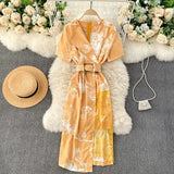 Casual Women Lace Patchwork Printed Bodycon Dress Ladies Office Elegant V-Neck Short Sleeve High Waist Vestidos With Sashes