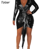 Sexy Bodycon Dress for Women V-neck Glitter Metallic Long Sleeve Solid Color Skinny Nightclub Party Clothes Ladies