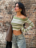 Striped Collar Knitted Bottom Shirt Woman Exposed Umbilical Slime Inside A Coat And Shoulder