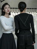 Women Black Line Split Joint Temperament T-shirt New Round Neck Long Sleeve Fashion Tide Spring Autumn 2023