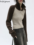 Cardigan Women Sweater Fashion Korean Knitwears Patchwork Turtleneck Tunic Jackets Sueter Mujer Sweaters Coat Y2k Tops-Outfit