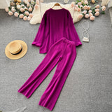 Casual Winter Loose Sweater Sets O Neck Tops+Drawstring Wide Leg Long Pants 2022 Women OL Solid Knit Two Pieces