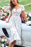 Elegant Chic Dress Women 2023 Square Collar Floral Print Dress Woman Puff Sleeve Zipper Jewelry Inlaid High Waist