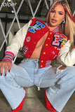 Autumn Letter Print Patchwork Varsity Jackets Casual Outfit For Women 2023 Long Sleeve Button Up Cropped Jacket