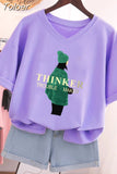 100% Cotton L-5XL Plus SizeT Shirt Short Sleeve Cartoon Tshirt Women Top Summer Sweet Couple V Neck Oversized T