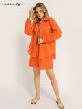 Drawstring Women Linen Shorts 2 Piece Set Casual Oversize Shirts And Wide Leg Shorts Suits Solid Summer Loose