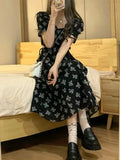 Black Square Collar Bandage Puff Sleeve Print Chiffon Midi Maxi Dresses for Women Party Dress Korea Clothing Summer