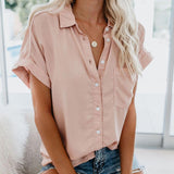 Summer Office Lady Solid Tops and Blouses Casual Turn-drow Collar Shirt for Women Elegant Short Sleeve Loose