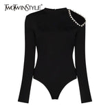 Black Cut Out Playsuit For Women Round Neck Long Sleeve High Waist Patchwork Diamond Playsuits Female 2021