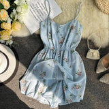 VAREY LIN Summer Spaghetti Strap Beach Playsuits Women Single Breasted V-neck High Waist Floral Sweet Wide Leg