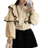 New Style Design Feeling Hit The Color Lotus Leaf Edge Sweater Women's Wear 2024 Autumn Loose Top Temperament Commuter Knitted Shirt Trend-Outfit