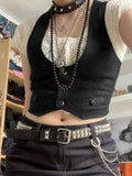 y2k Button Corset Top Black Sleeveless Tank Tops Skinny V Neck Aesthetic Punk Crop Top Grunge Fairycore Women