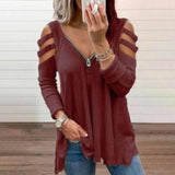 Spring Off Shoulder Hollow Out Striped Solid Women Blouse V-neck Zipper Patchwork Pleated Loose Female Blouses Casual