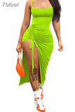 Color Spaghetti Strap Ruched Drawstring Long Party Dress Women 2023 Summer Low Neck Sleeveless Side High Split Prom