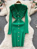 Winter Ruffles Design Knitted Dress V Neck Button Sheath Sweater Dress Fashion Long Sleeve Solid Midi Long
