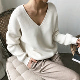 Aachoae Womens Sweaters 2021 Autumn Winter Casual V Neck Women Pullover Sweater Solid Long Sleeve Loose Knitted Cashmere