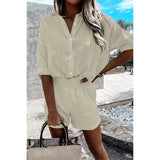 Celmia Loose Summer 2 PCS Sets Cotton Casual Lightweight Lapel Long Sleeve Shirt and Pleats Elastic Waist Short Suits Short