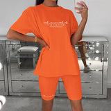 Letter Print Casual Women Suit Short Sleeve Oversized TShirt Elastic Slim Shorts Fashion Sreetwear Suit Two Pieces