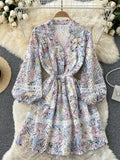 Women Floral Hollow Out Embroidered Mini Dress Autumn Vintage V-Neck Puff Long Sleeve High Waist A-Line Casual Vestidos 2021
