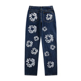 Autumn New High Street Flower Printed Jeans For Men And Women With High Waist And Thin Casual Trousers-Outfit