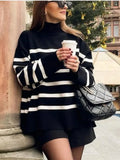 Women Striped Thick Warm Turtleneck Female Oversize Long Sleeve Pullover Sweater 2022 Autumn Fashion Vintage Loose Knit
