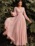 Dress New Long-Sleeved Chiffon Sexy Temperament Deep V Side Button Bridesmaid