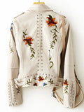 VAREY LIN 2022 New Women Retro Floral Print Embroidery Punk Faux Soft Leather Jacket Coat Pu Moto Biker Black Rivet