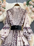 Runway Women Elegant Slim Long Dress Female Stand Collar Puff Sleeve Retro Floral Print Runway Dress Vestidos