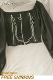 Women Y2k Chains Dark Black Gothic Zipped Tops Women Sexy Off Shoulder T-shirts Clubwear Long Sleeve Crop Tops