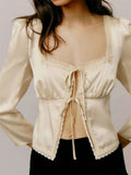 Elegant Women Long Sleeve T-shirts Tops Square Neck Lace Trim Tie Up Cardigans Crop Tops Party Club Streetwear 2024-Outfit